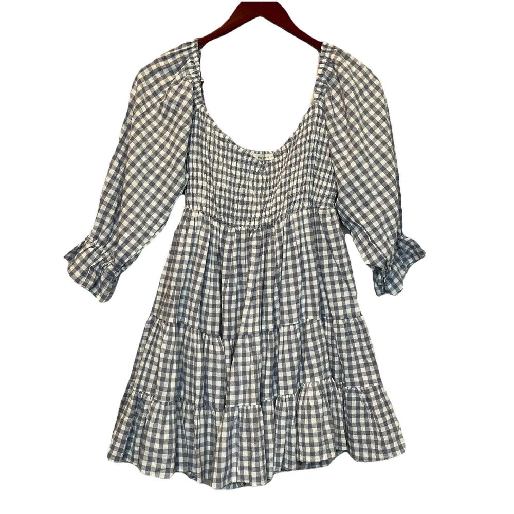 Mod Goddess Womens Gingham Babydoll Smocked Tiered Mini Dress SZ  S